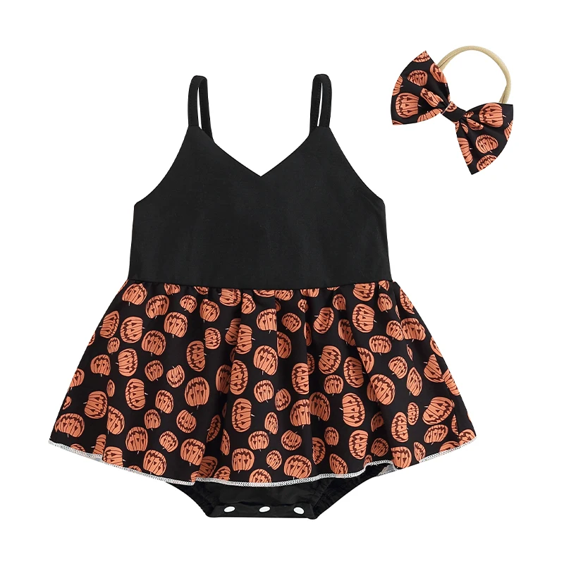 

Infant Baby Girls Halloween Romper Dress Pumpkin Pattern Sleeveless V-Neck Jumpsuit Bow Headband