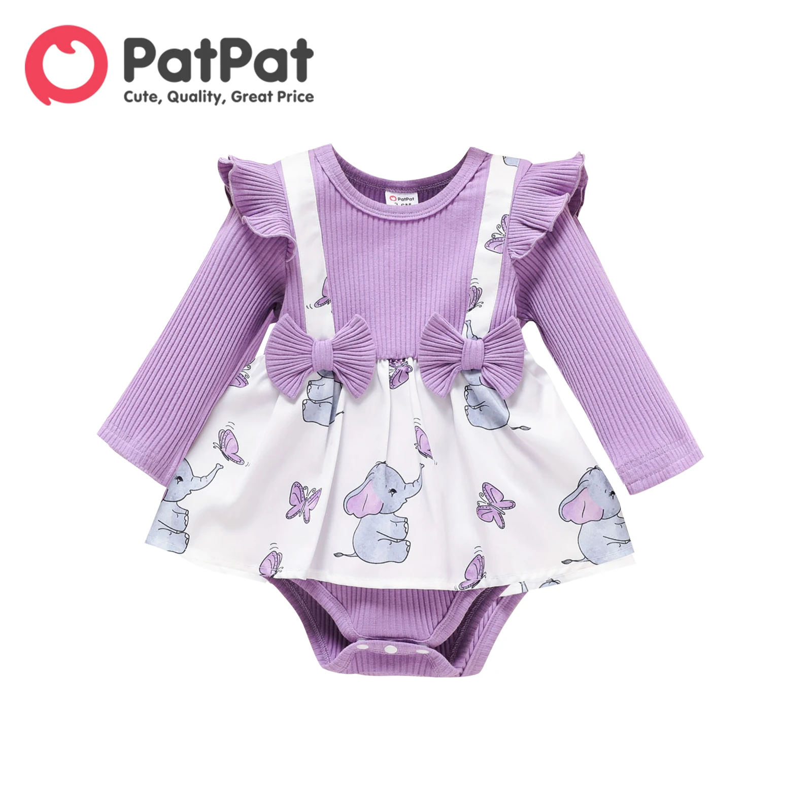 PatPat Baby Girl Clothes Elephant Print Purple Ribbed Ruffle Bow Longsleeve Romper