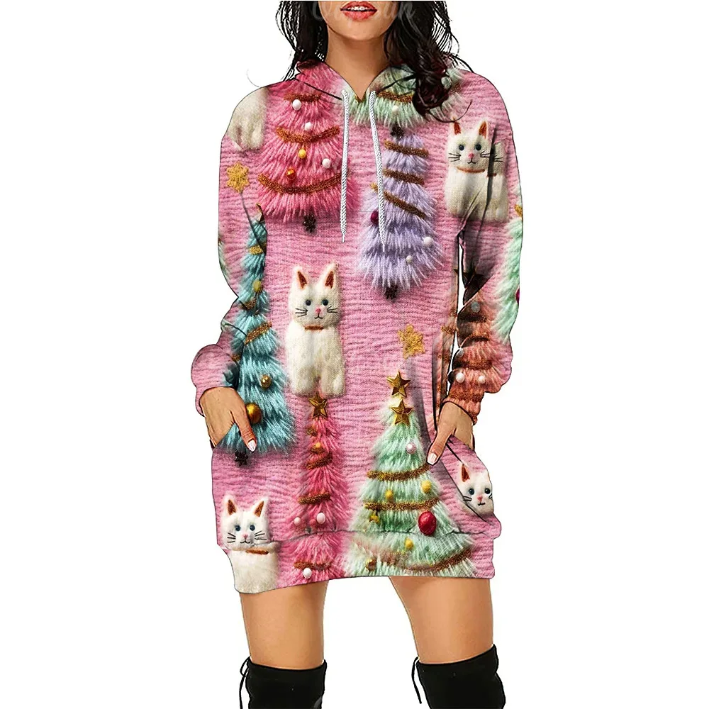 thumbnail image 1 of Vestido tipo jersey con capucha y elementos navideños divertidos con estampado digital 3D de Navidad para otoño, 1 of 5
