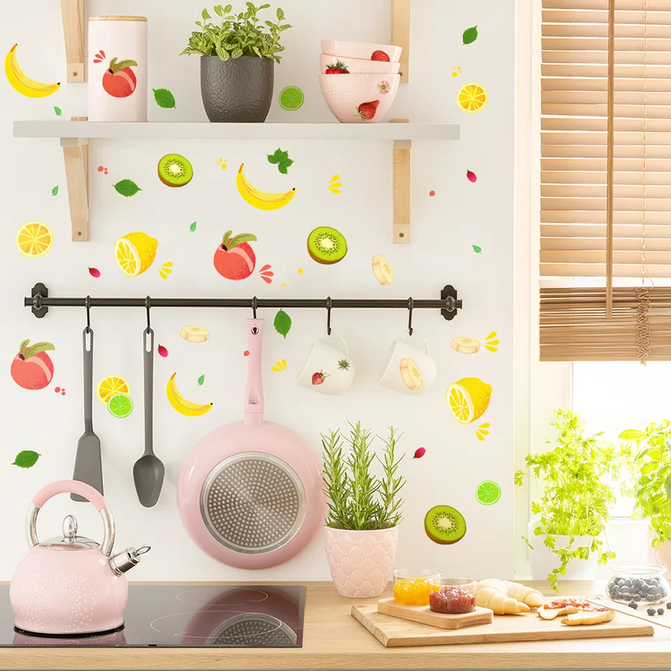 Amimagen Kitchen Fruit Wall Stickers - Cartoon Peel & Stick Wall Decals For Fridge Cabinet Decor - 35"x11"