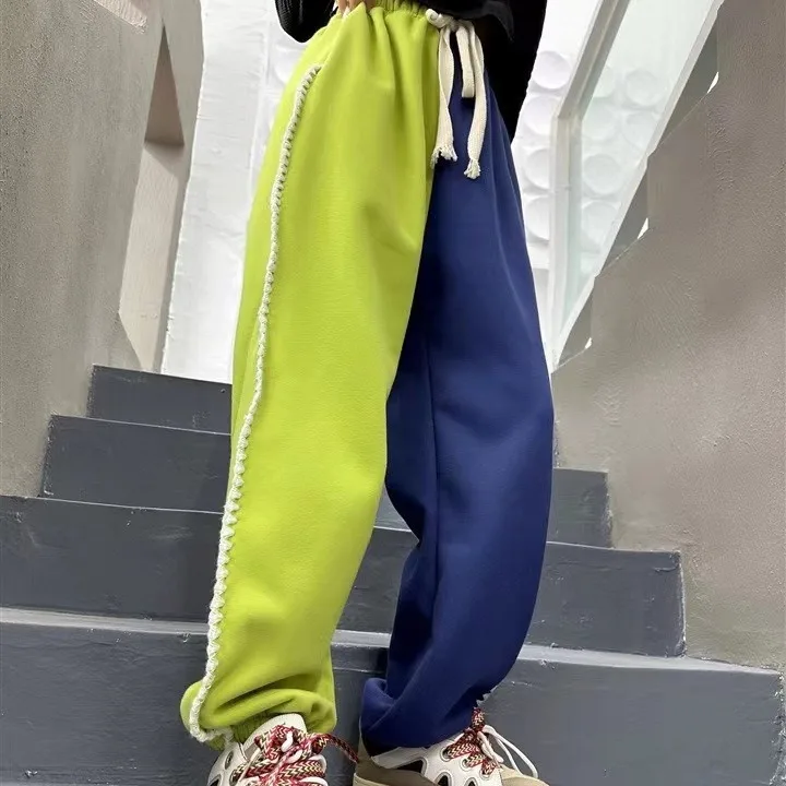 2023 Autumn/Winter New Trendy and Personalized Two tone Shake Lace and Velvet Guard Pants Casual Pants