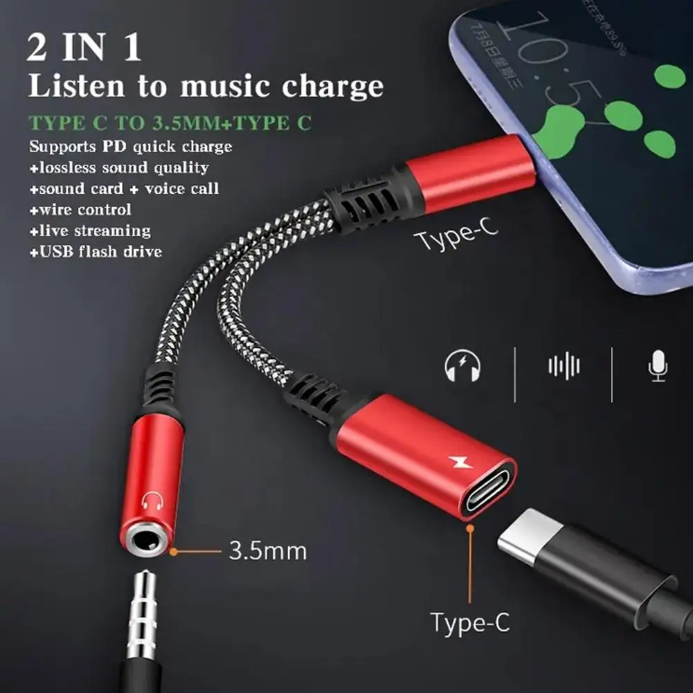 

2 In 1 USB C To 3.5mm Headphone Jack Adapter PD60W Fast Charging Cable Audio Aux Adaptor For Ipad Pro Samsung S20 Ultra W6F7