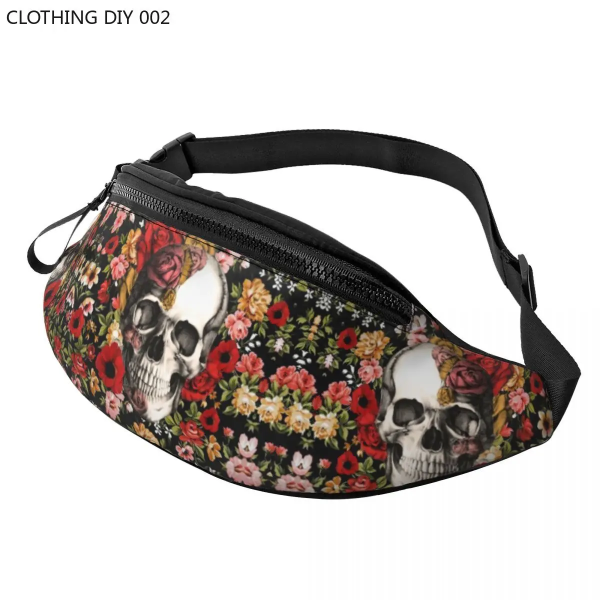 

Bloom Floral Skull With Roses Fanny Bag Customized Sugar Skull Crossbody Waist Pack Men Women Traveling Phone Money Pouch