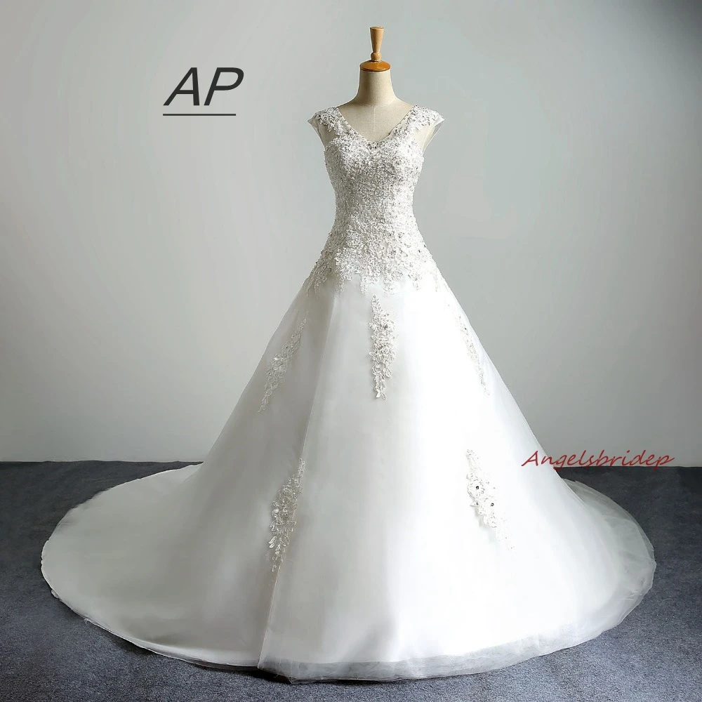 

Реальное фото свадебных платьев ANGELSBRIDEP, роскошные бусины, жемчужные Аппликации, наплечная аппликация, длинное бальное платье