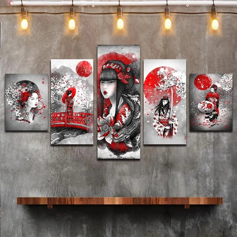 

5 Piece Japanese Geisha Diy Diamond Painting Kimono beauty, warrior Cross Stitch Kits Full Drill Mosaic Multi Panel Decor WE1199