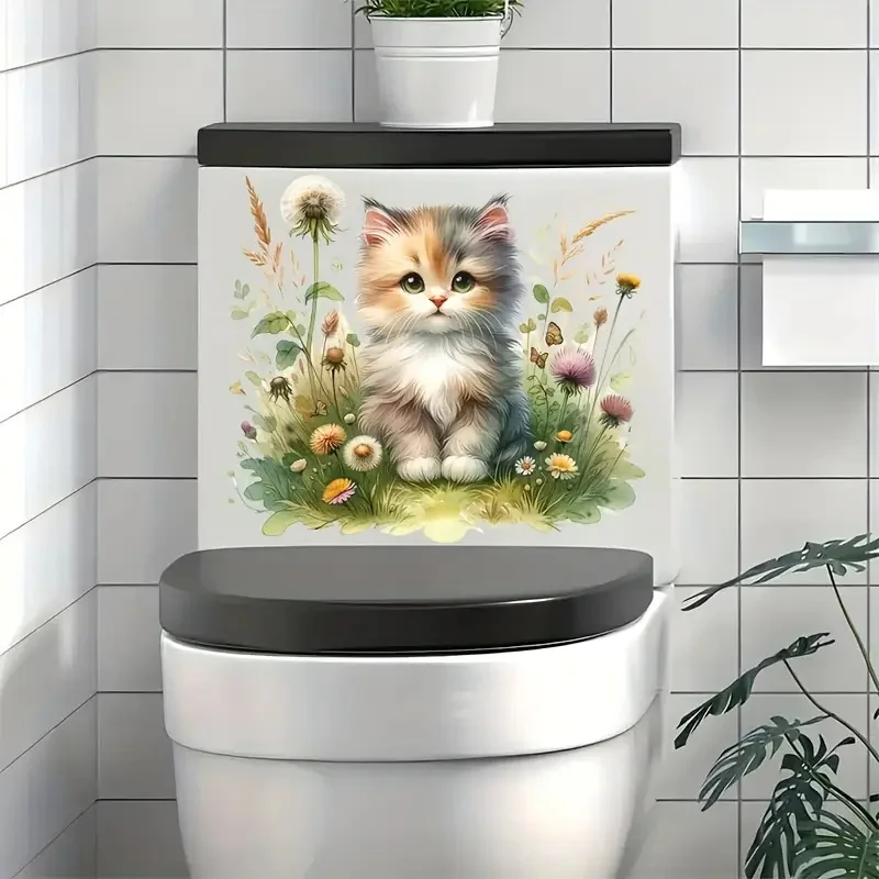 Toilet Stickers Kitten in the Flowers Decoration Living Room Bedroom Home Decor Flowers Wall Decals Self-Adhesive