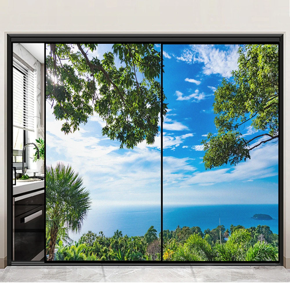 Window Film Privacy Seascape Glass Sticker UV Blocking Heat Control No Glue Static Cling Window Tint Homedecor