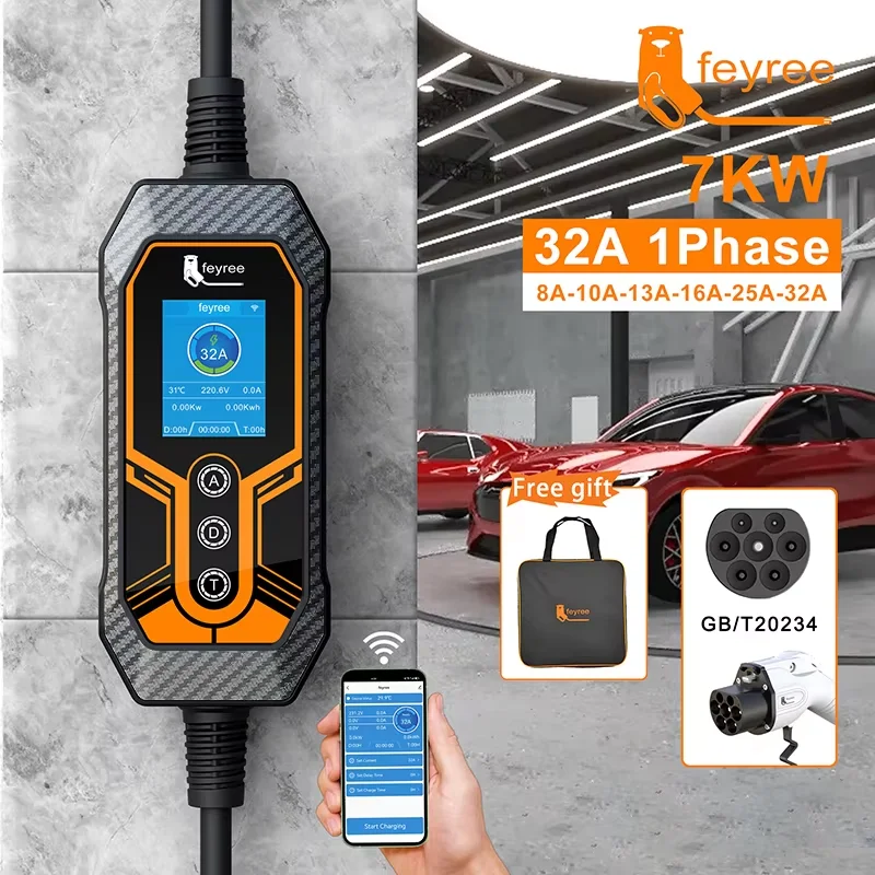 EV Charger feyree GB/T Socket EV Charger 11KW 16A 3Phase Smart APP WIFI Bluetooth 32A 7KW 1Phase Portable Charging Box for Electric Vehicle
