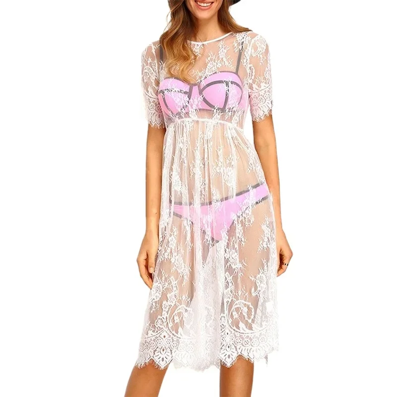 TOKITIND Summer Women Sexy Swimsuit Lace Crochet Bikini Cover Up Swimwear Beach Dress Pareo Beach Tunic Cover Ups Capes Dress