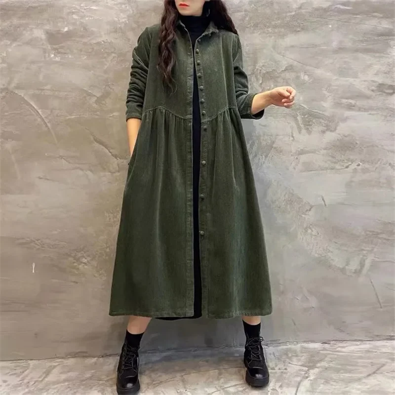 Women Long Trench Coat Female Single-Breasted Long Sleeves Corduroy Outerwear Retro Fashion Spring Autumn Windbreaker Female