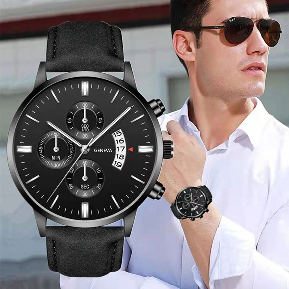 Men Watch Fashion Sport Wrist Watch Alloy Case Leather Band Watch Quartz Business Wristwatch Calendar Clock Gift
