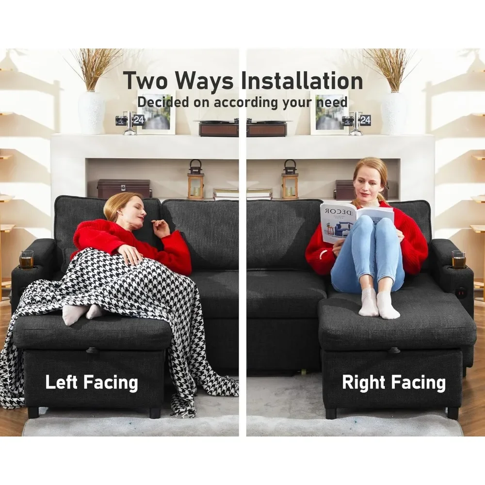 Sofa Bed Sleeper Pull Out 2 in 1 Sectional Sleeper Sofa Couches with Storage,USB, Cup Holder,Pullout Sectional Couches for Apar