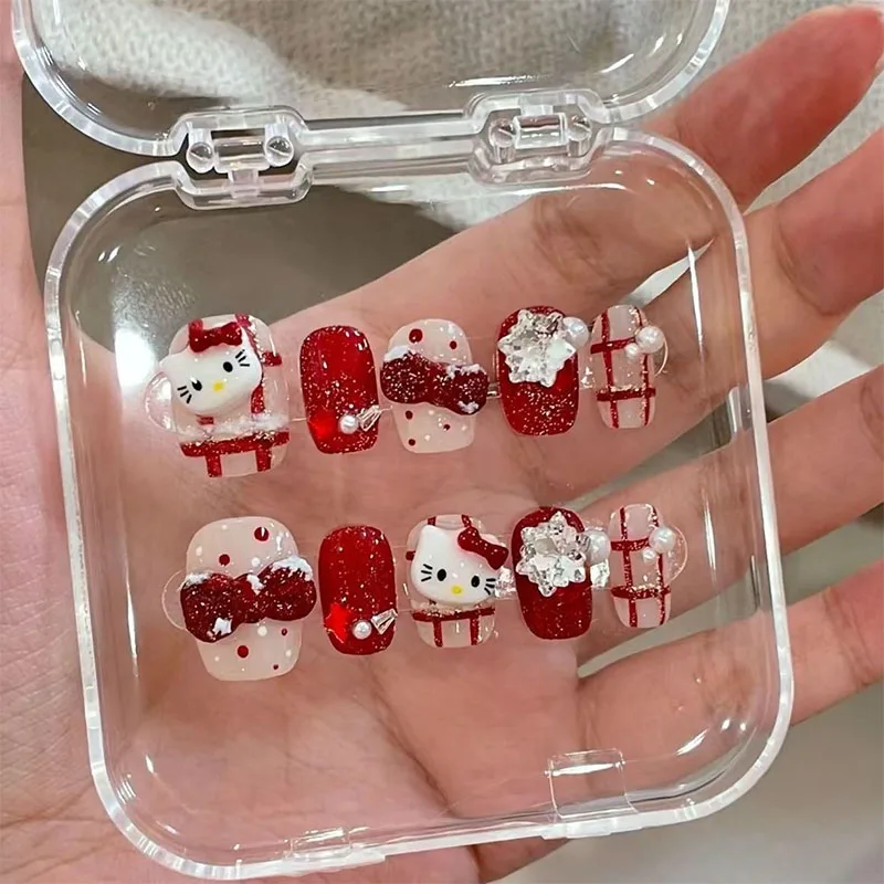 

Hellokittys Flash Plaid Wear Nail Girl Heart Ins Cartoon Cute Student Bow High-Value Handmade Detachable Portable Manicure