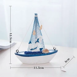 Mediterranean Blue Wooden Sailing Boat Decor - Nautical Marine Ornament (D)