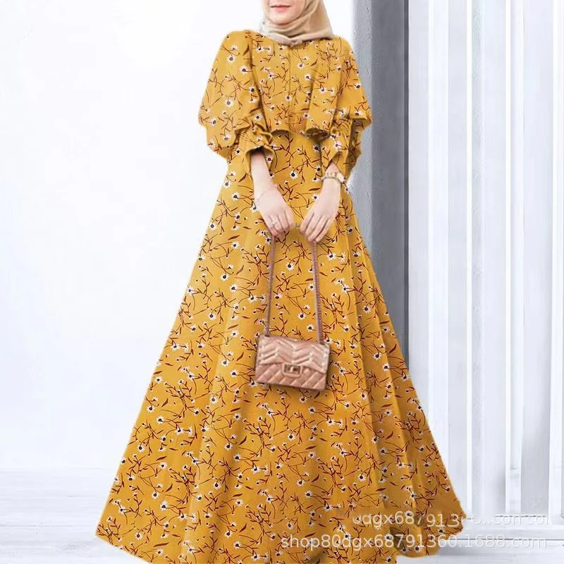 Elegant Muslim Women's Floral Dress Islam Dubai Turkey Female Abayas Spring Summer Fashion Half Sleeves Head Cape Long Vestidos