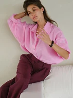 White Women's Linen Shirt Long Sleeve Elegant Pink Oversize Blouse Vintage Spring Basic Top Collar Cotton Linen Shirt for Women - Image 5