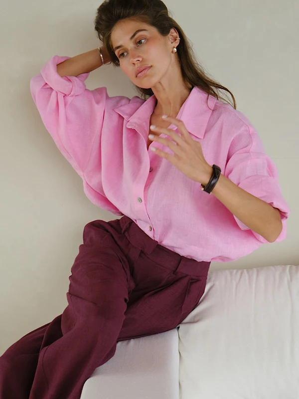 White Women's Linen Shirt Long Sleeve Elegant Pink