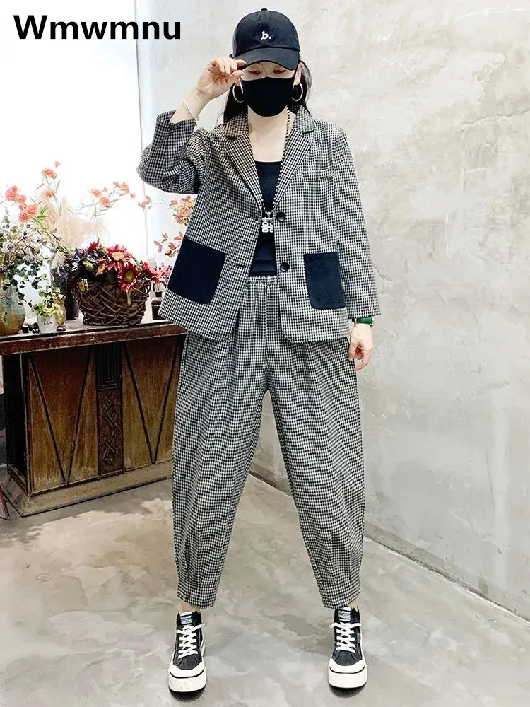 

Vintage Plaid Blazer Two Piece Set Long Sleeve Elegant Suit Coat Tops Conjuntos Loose Casual Ankle-length Harem Pants Ensembles
