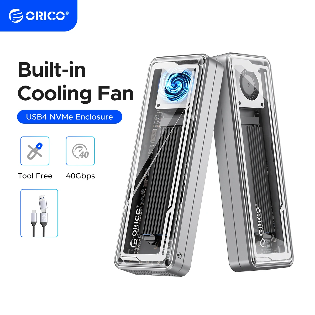ORICO 40Gbps USB4 M.2 SSD Enclosure 8TB with Cooling Fan PCIe4.0 NVME Enclosure Aluminum Compatible Thunderbolt 3/4 for mac