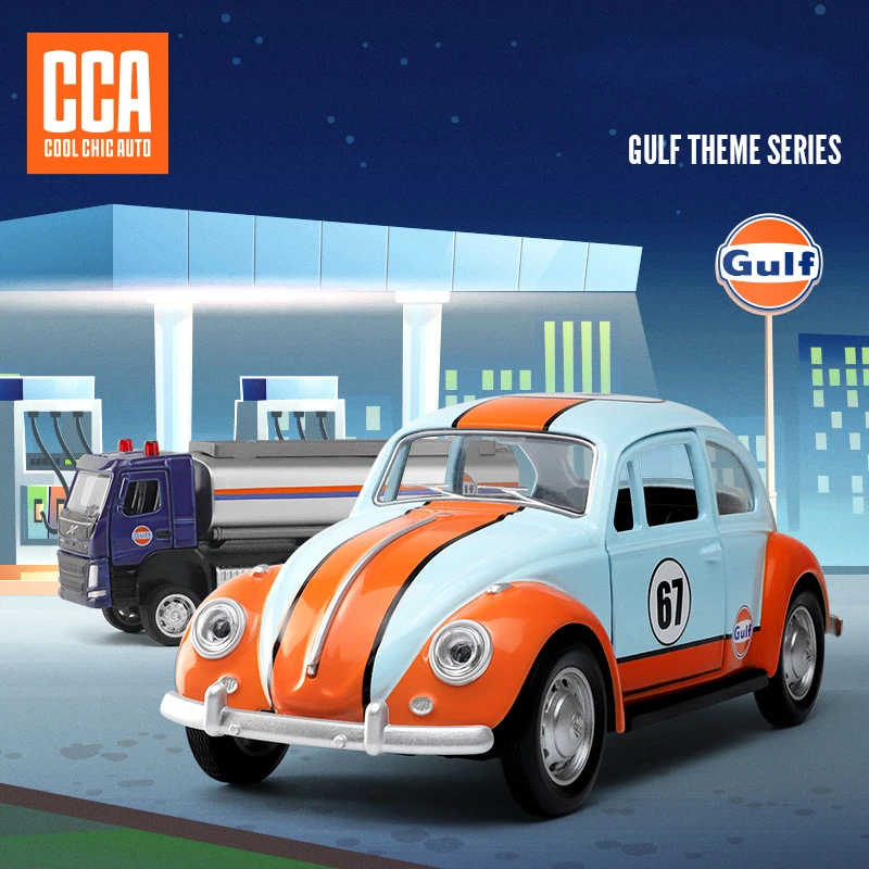 Cca 1:32 Bus Beetle Ford Gt Mclaren P1 Chevrolet Gulf Stazione Di Servizio Lega Pressofusione Modello Di Auto Set Collezione Regalo Set