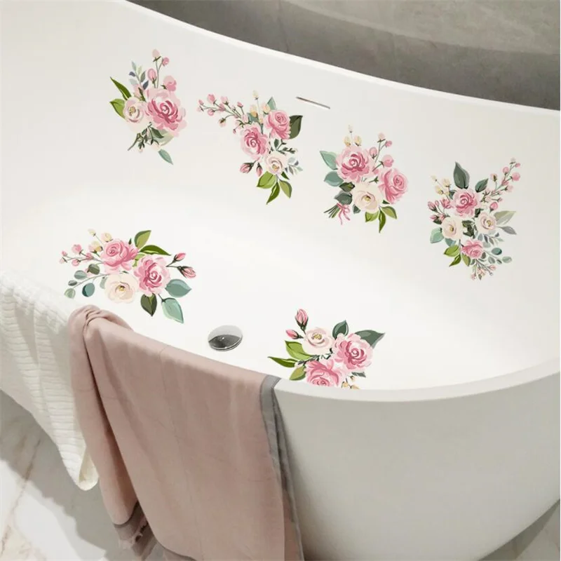 6PCS Anti Slip Cartoon Plant Flower Bathtub Wall Stickers for Children's Self-Adhesive Removable Bathroom Decoration Art Mural