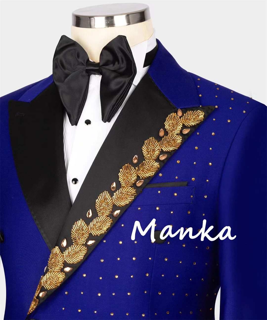 Gold Crystal Beaded Appliques Royal Blue Groom Tuxedo for Wedding Double Breasted 2pcs Luxury Formal Prom Party Men's Suits