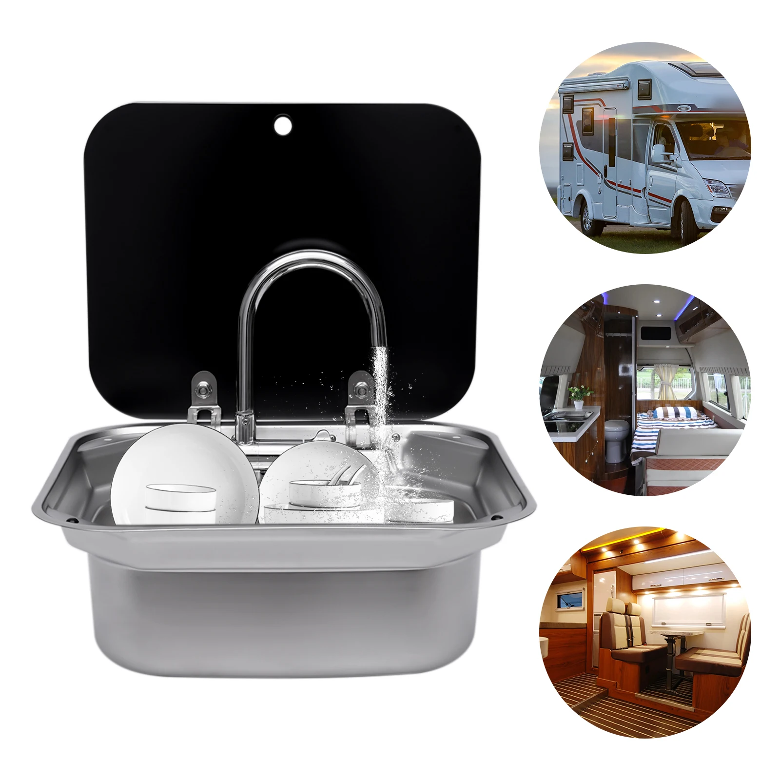 US RV Sink Kit Folding Square Outdoor Full Set+Lid+Faucet Stainless Steel Sink 4