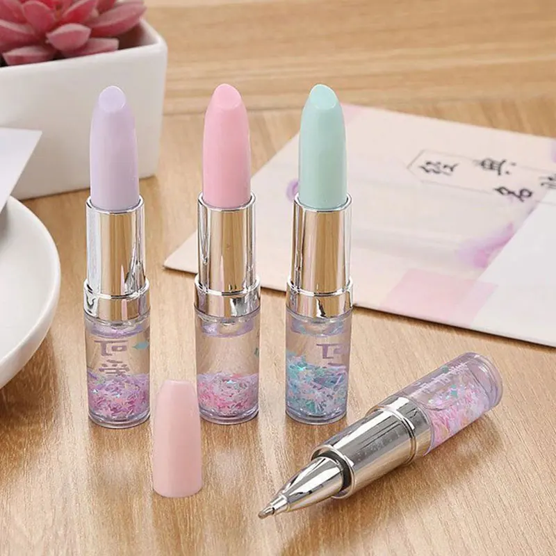 

4Pcs Quicksand Lipstick Shape Students Girl Write Gel Pen School Office Stationery