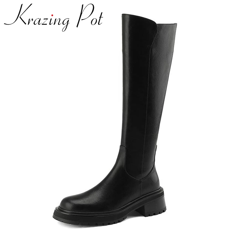 

Krazing Pot Full Grain Leather Round Toe Med Heels Riding Boots Mature Preppy Style Thick Bottom Grace Zipper Thigh High Boots