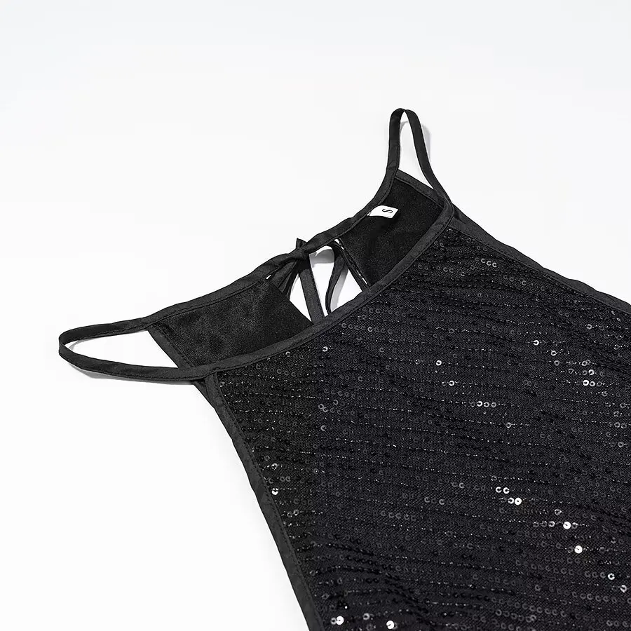 HH Sommer Damen Einfarbiges O-Ausschnitt Trägerkleid Pailletten-Verzierung Schnürung Ärmellos Modisch Rückenfrei Geschlitzter Saum Midi-Kleid – Detail 4