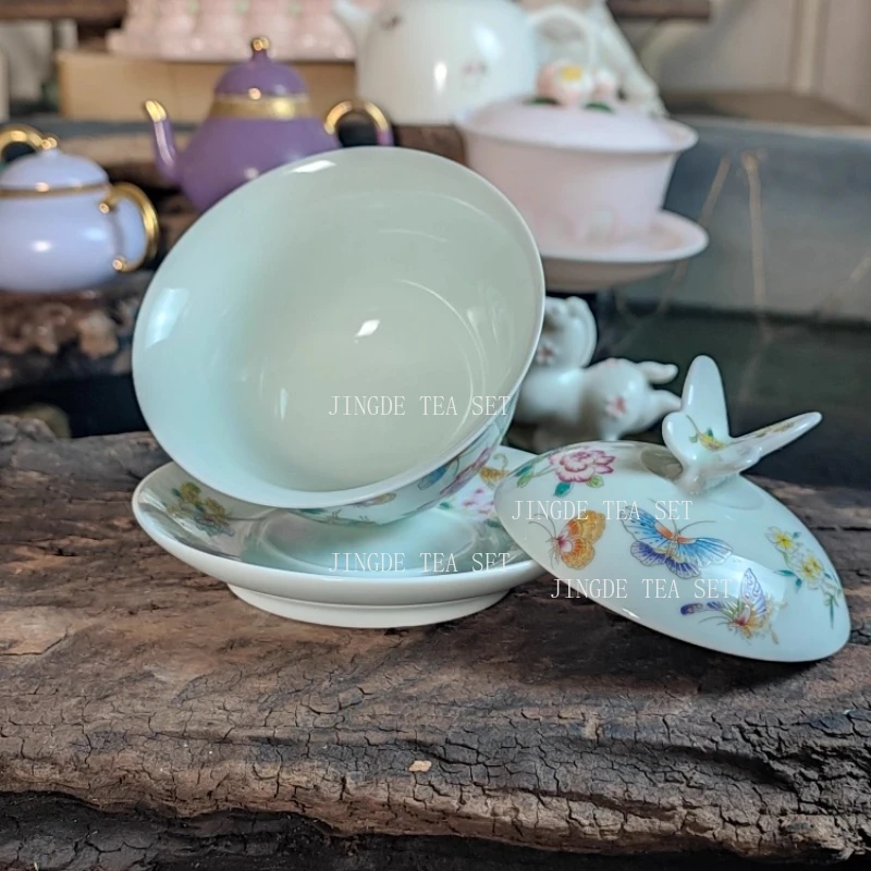 160ml Enamel Covered Bowl Ceramic Butterfly Love Flower Three Talent Bowl Tea Cup Cute Tea Set Tea Set Accessories