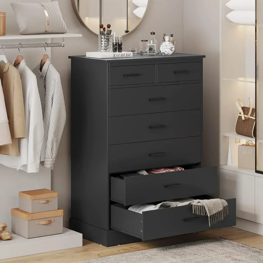 Black Dresser for Bedroom, Tall 7 Drawer Dresser with Sturdy Base, Wood Storage Tower Clothes Organizer, Large Storage Cabinet 6