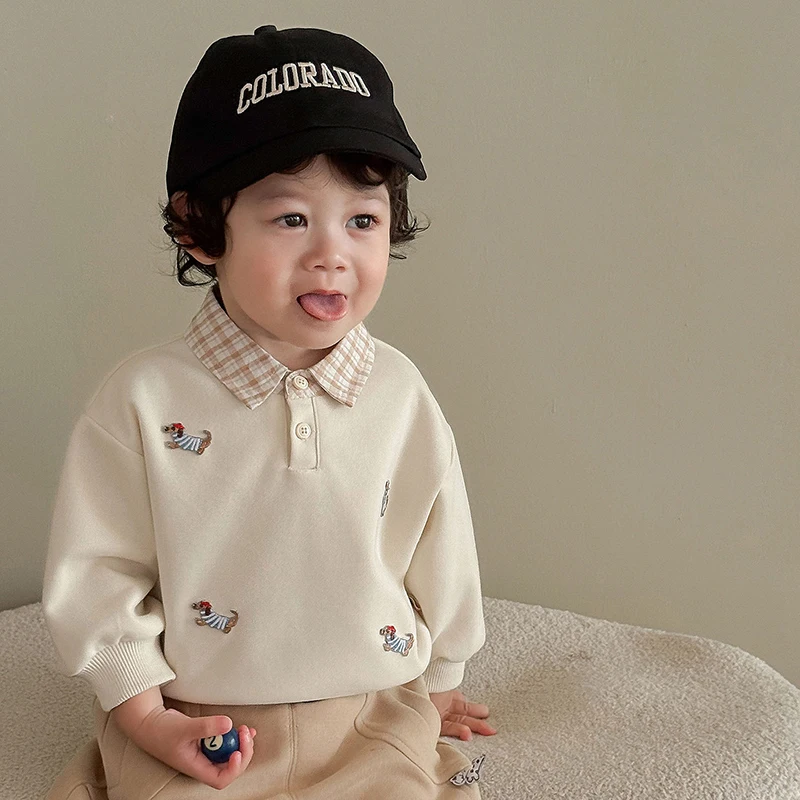 MILANCEL New Autumn Baby Boy Clothes Cute Dog Embroidery Fake Plaid Collar Pullover Top for 0 - 5Y Kids Plaid Hoodie