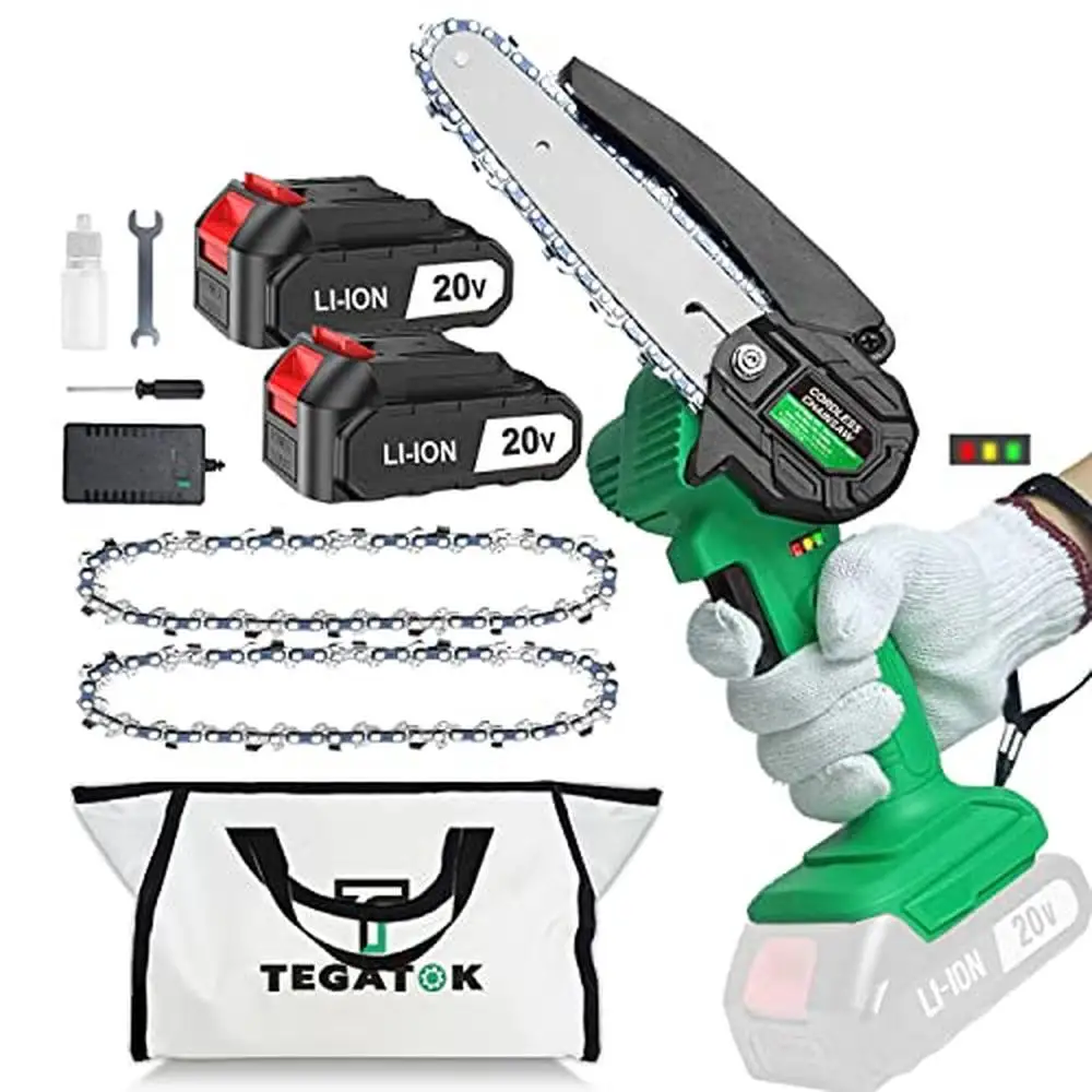 

Electric Cordless Chainsaw with 2 Batteries and LED Light Lightweight Handheld Pruning Tool Kit 6" Mini Chainsaw Kit Tree