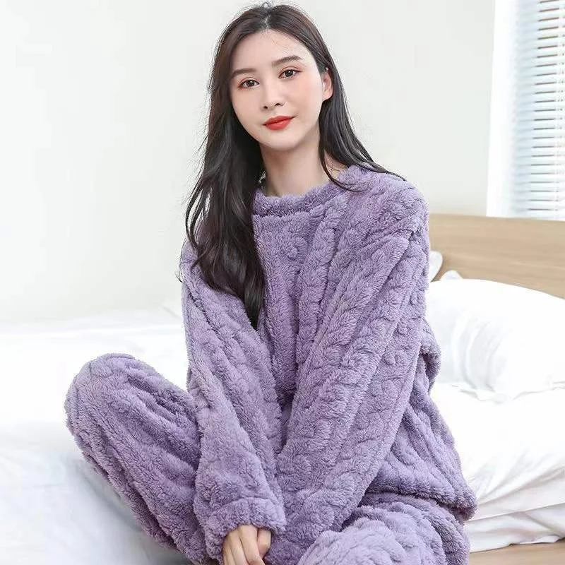 Autumn/Winter Solid-Colour Jacquard Brushed Cotton Flannel Warm Set 2025 Unisex Thickened Thermal Couple's Pyjamas Homewear