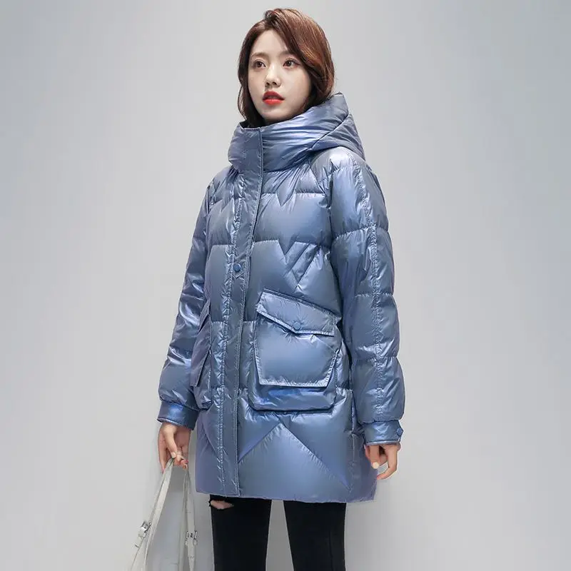 Brand Winter Women's Down Jacket White Duck Down Medium Length Street Style Bright Face Wash Fashion Loose Thick Hooded Coats