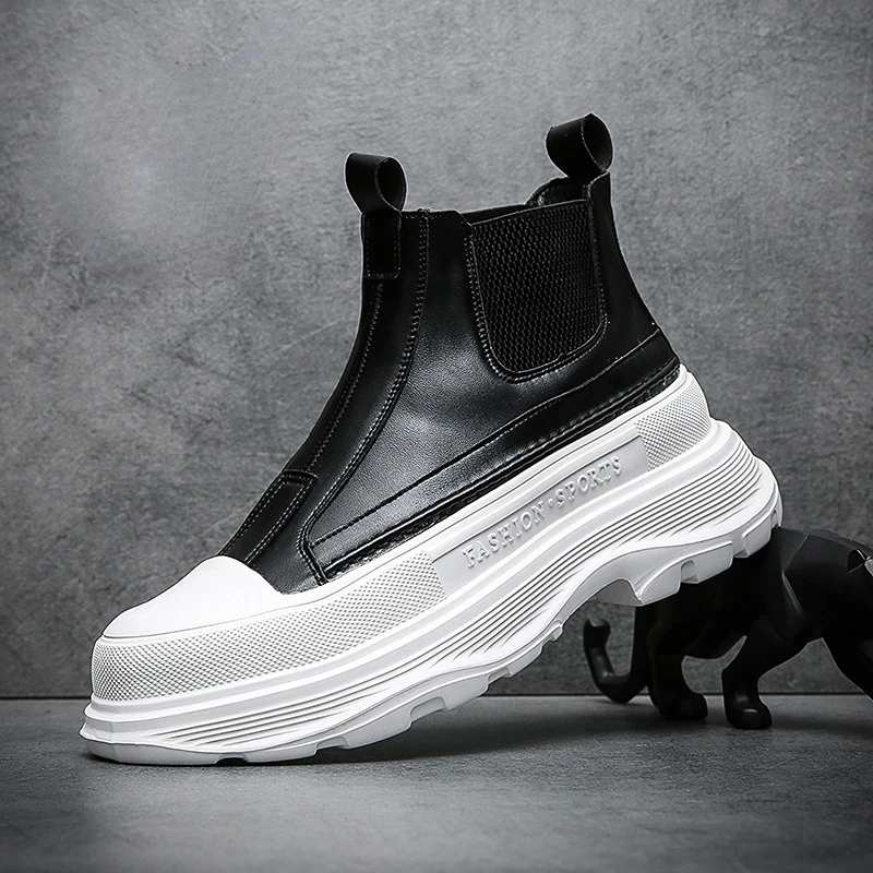 Men's Best Fashion Leather Boots Autumn New Thick-soled Lightweight High Boots High-top Trend Casual White Shoes Chelsea