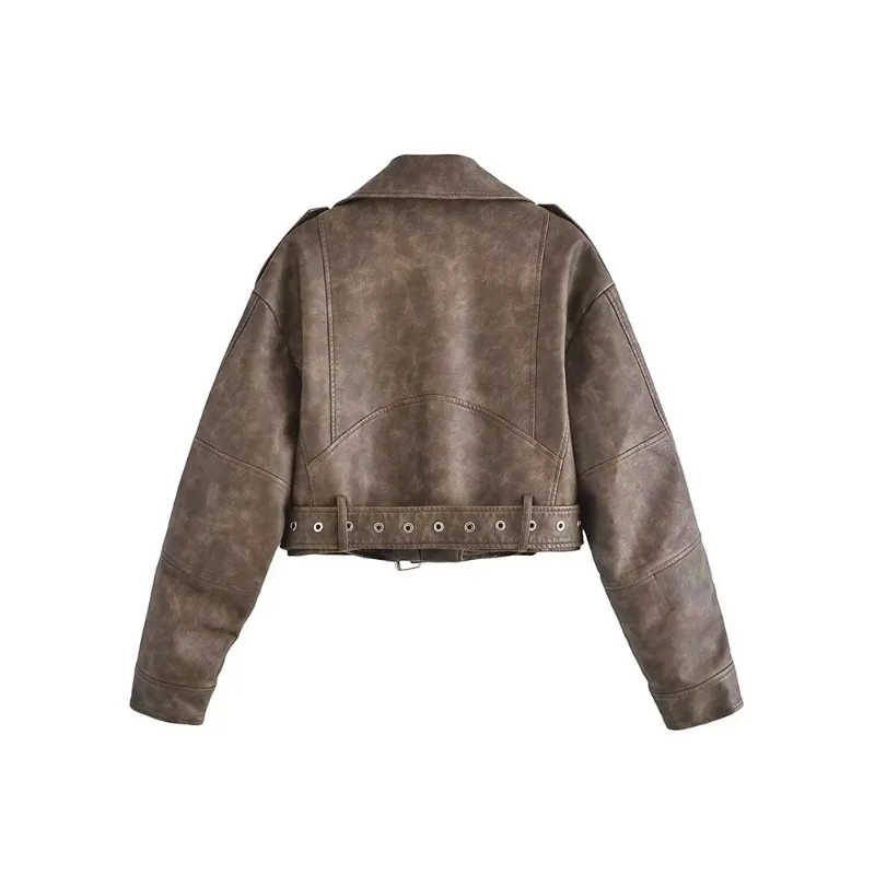 Women's PU Leather Jacket, Vintage Turn Down Collar, Zipper Short Outwear, Female Fashion, Casual Washed Coat, Autumn, New, 2024