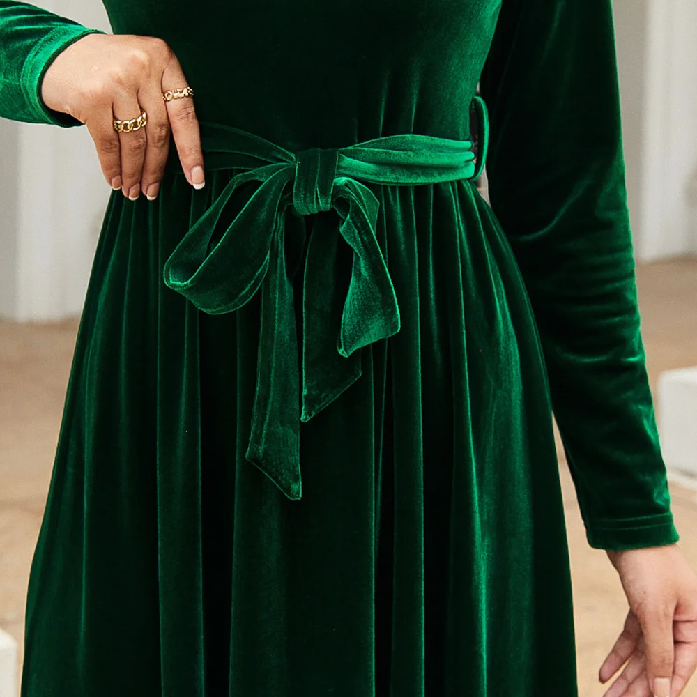 Elegant Temperament Velvet Pleated Long Dress Women Solid Color Long Sleeve High Waist Belt Party Maxi Dresses Evening Vestidos 6