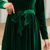 Elegant Temperament Velvet Pleated Long Dress Women Solid Color Long Sleeve High Waist Belt Party Maxi Dresses Evening Vestidos 6