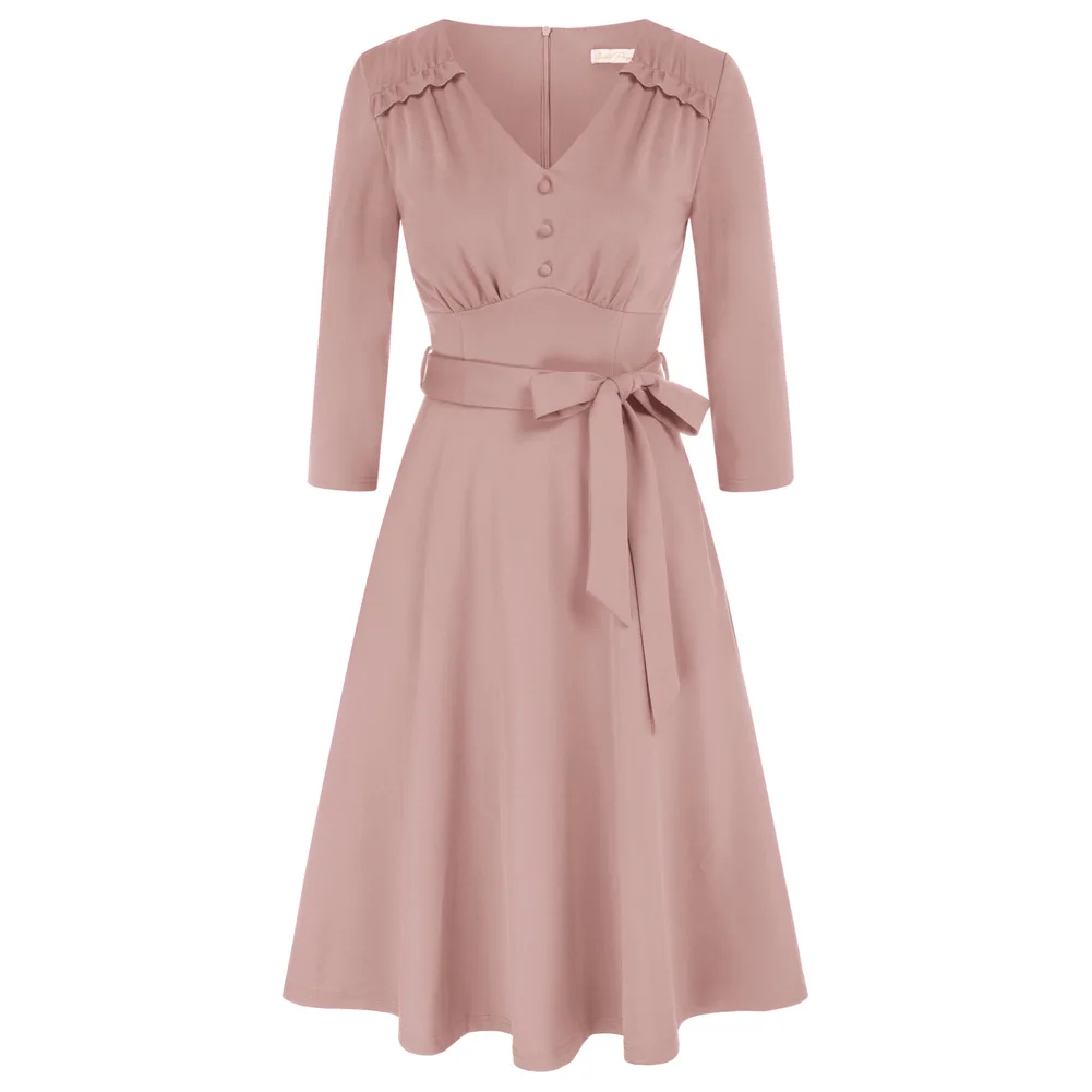

BP Women Vintage Defined Waist Dress 3/4 Sleeve V-Neck Flared A-Line Dress