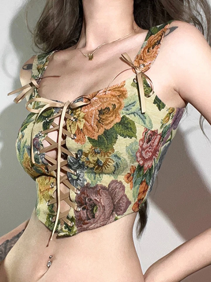 Vintage Floral Print Corset Top Women Sexy Hollow Out Lace