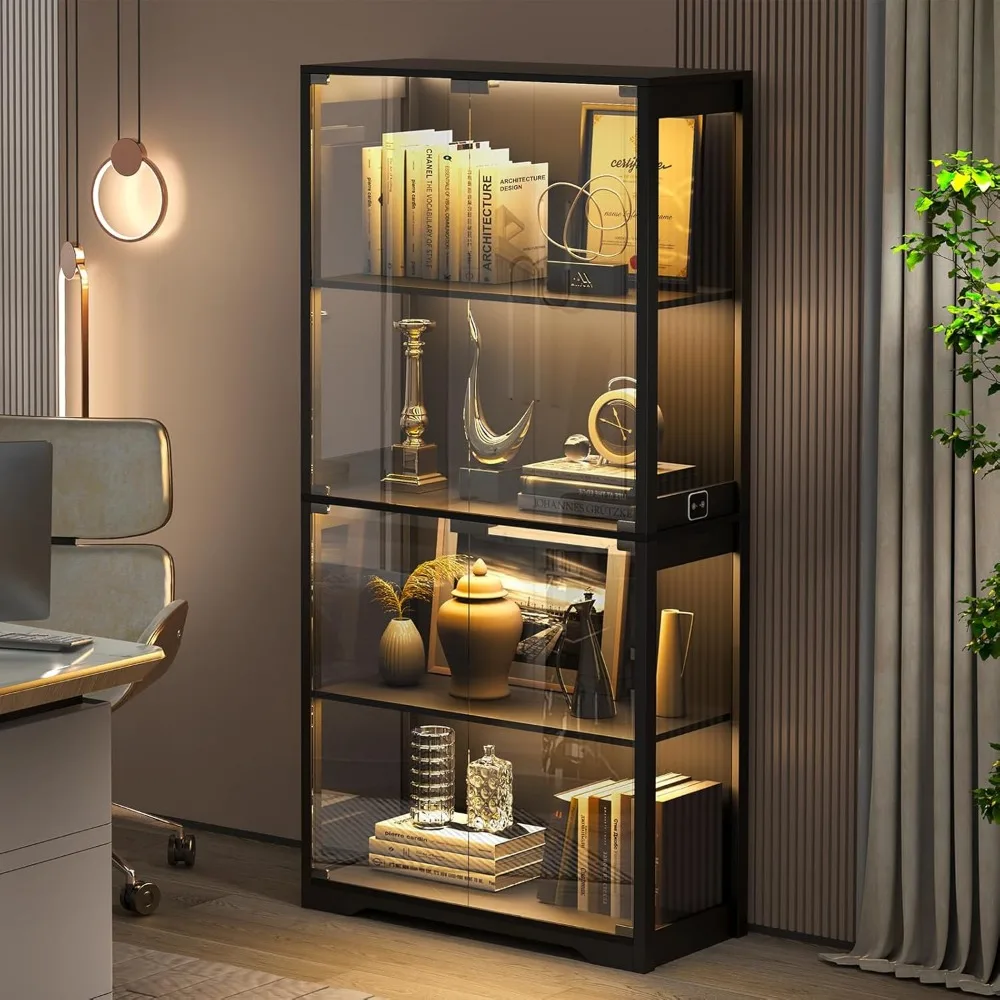 Display Cabinet with Glass Doors, 4-Tier Curio Cabinet&Bookcase with 3 Color Light for Collectibles, Toys, Books 6