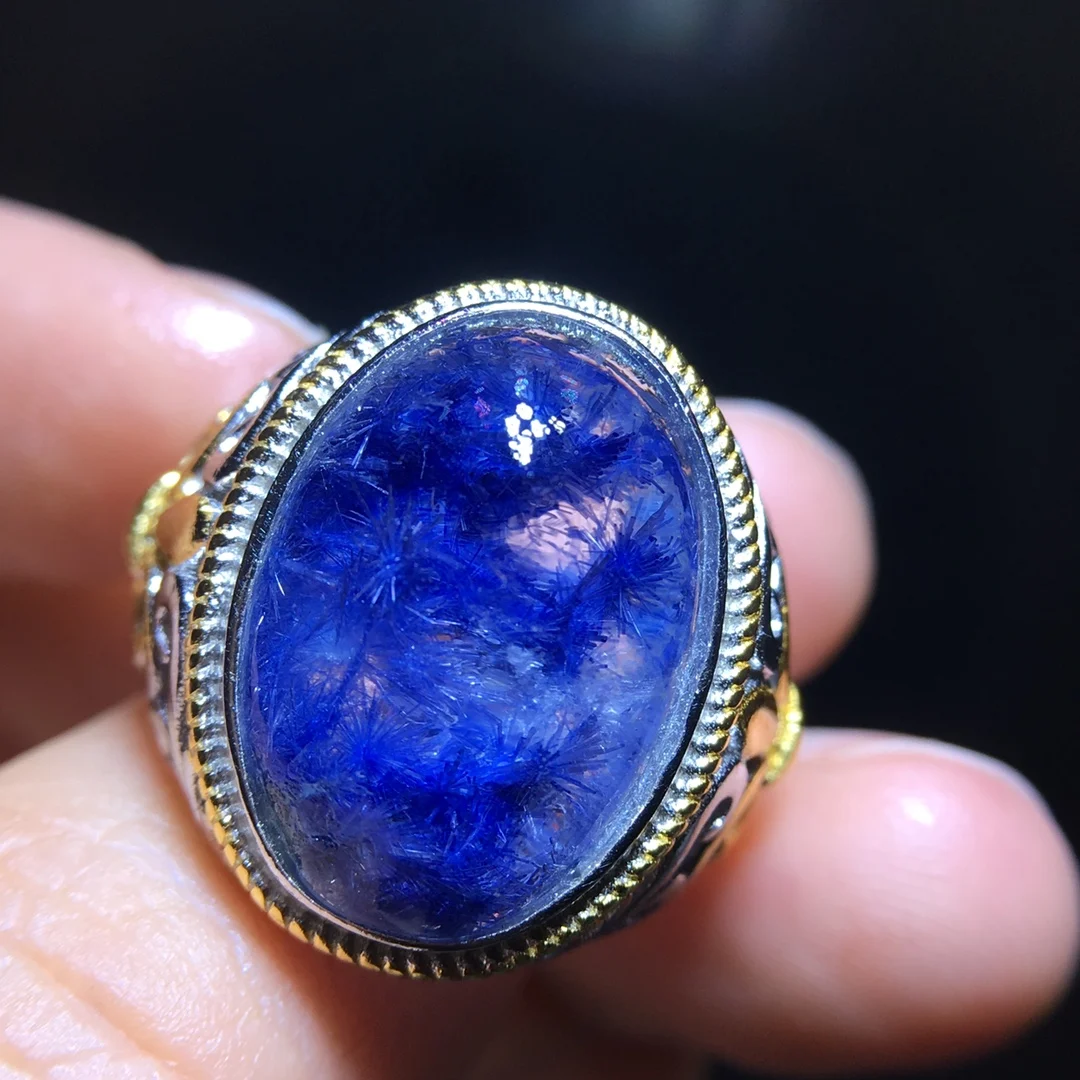 

1pcs/lot natural crystal blue thread ring Blue hair crystal man Women's model High-grade 925 sterling silver setting size Adjust