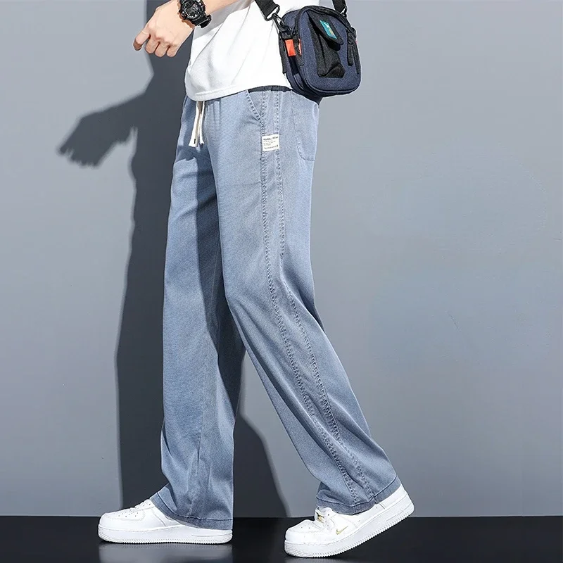 Summer Soft Lyocell Fabric Men's Jeans Thin Loose Straight Pants Drawstring Elastic Waist Korea Casual Trousers Plus Size denim pants denim trousers lyocell jeans