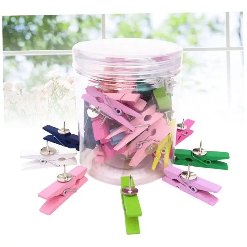 GW-50개 나무 푸시핀 및 압정 장 공예 종이 클립 (메모, 사진, 코르크보드용) 랜덤 색상