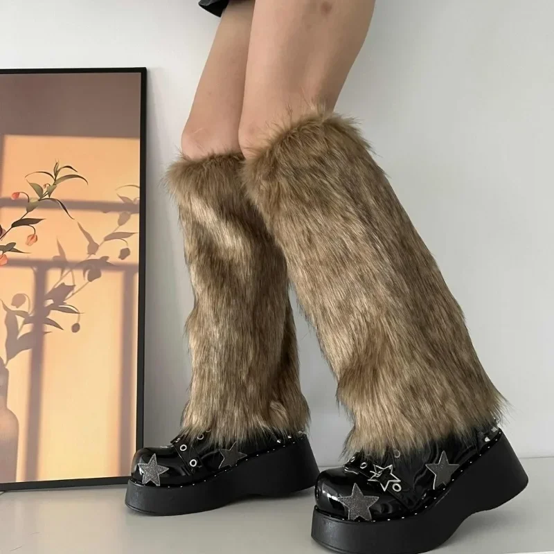 Y2k Vintage Brown Imitation Fur Leg Warmers Winter Warm Boots Socks Fashion Punk Boot Covers Hosiery