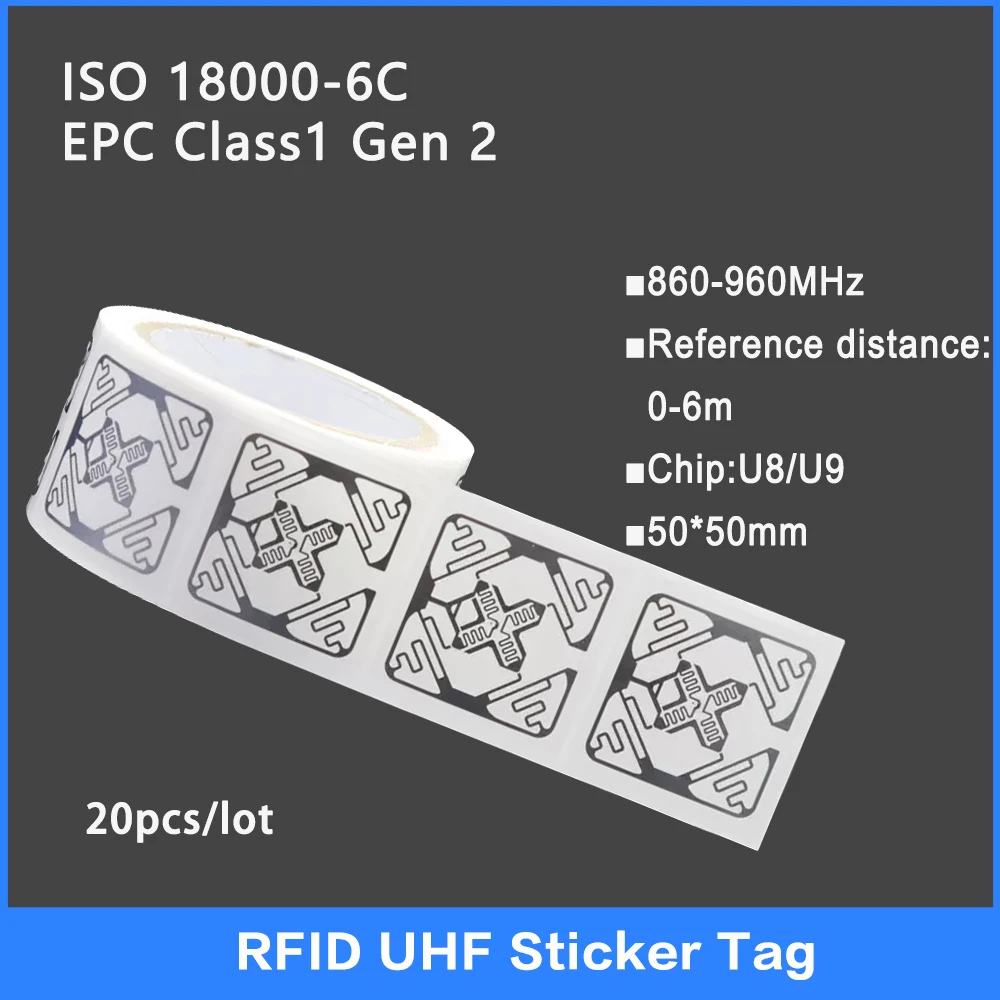 

20PCS UHF RFID Wet Inlay Tag 18000-6C 860-960MHz RFID UHF Sticker Label NXP U8/U9 Chip Electronic label 915 MHz High Quality