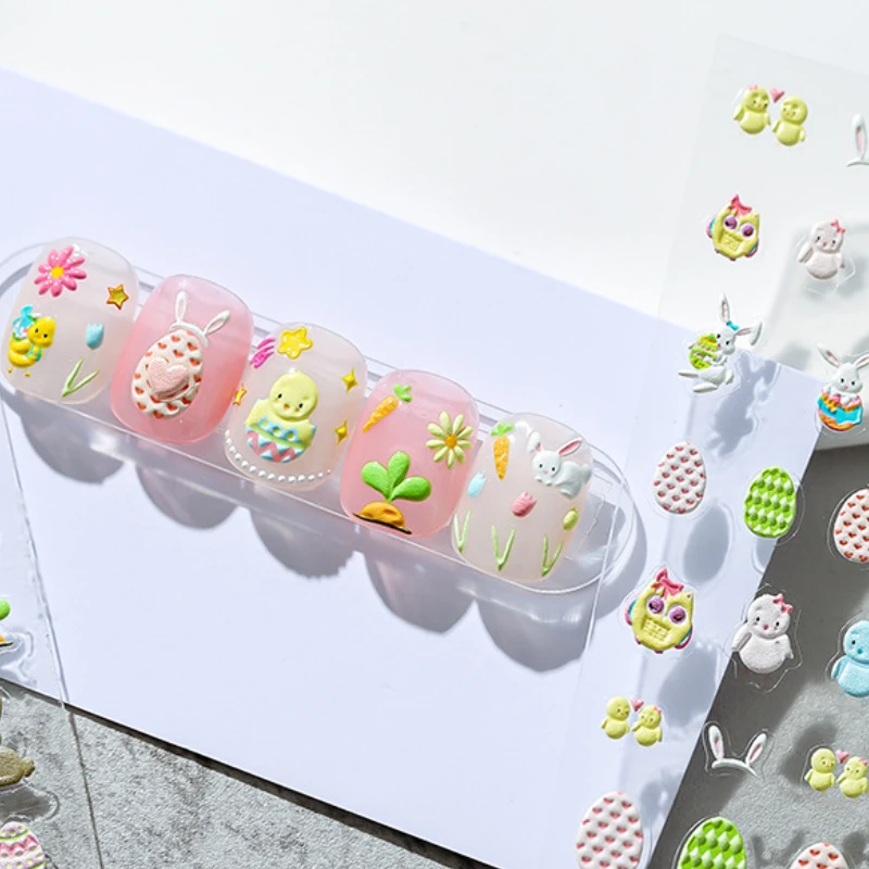 

Красочные 5D пасхальные яйца, милый кролик, тюльпан, цветок, Цыпленок, кролик, мягкие рельефные самоклеящиеся декоративные наклейки для ногтей, 3D наклейки для ногтей