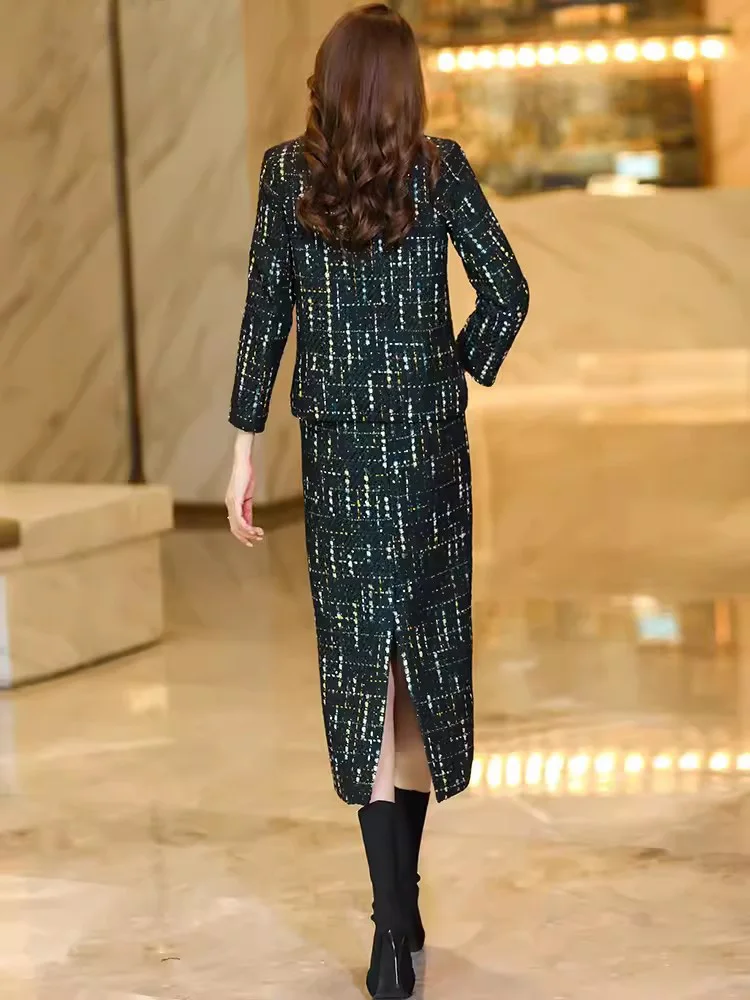 New Women Green Wool Blends Skirt Suits Autumn Winter Fashion Elegant O-Neck Coat And Long Skirt Thick Tweed Two Pieces Sets